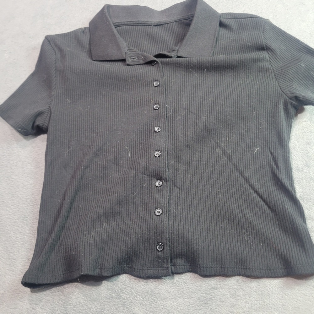 Polo Top Womens L Black Ribbed Knit Button Front Short Sleeve Cropped Y2K‎ 90s